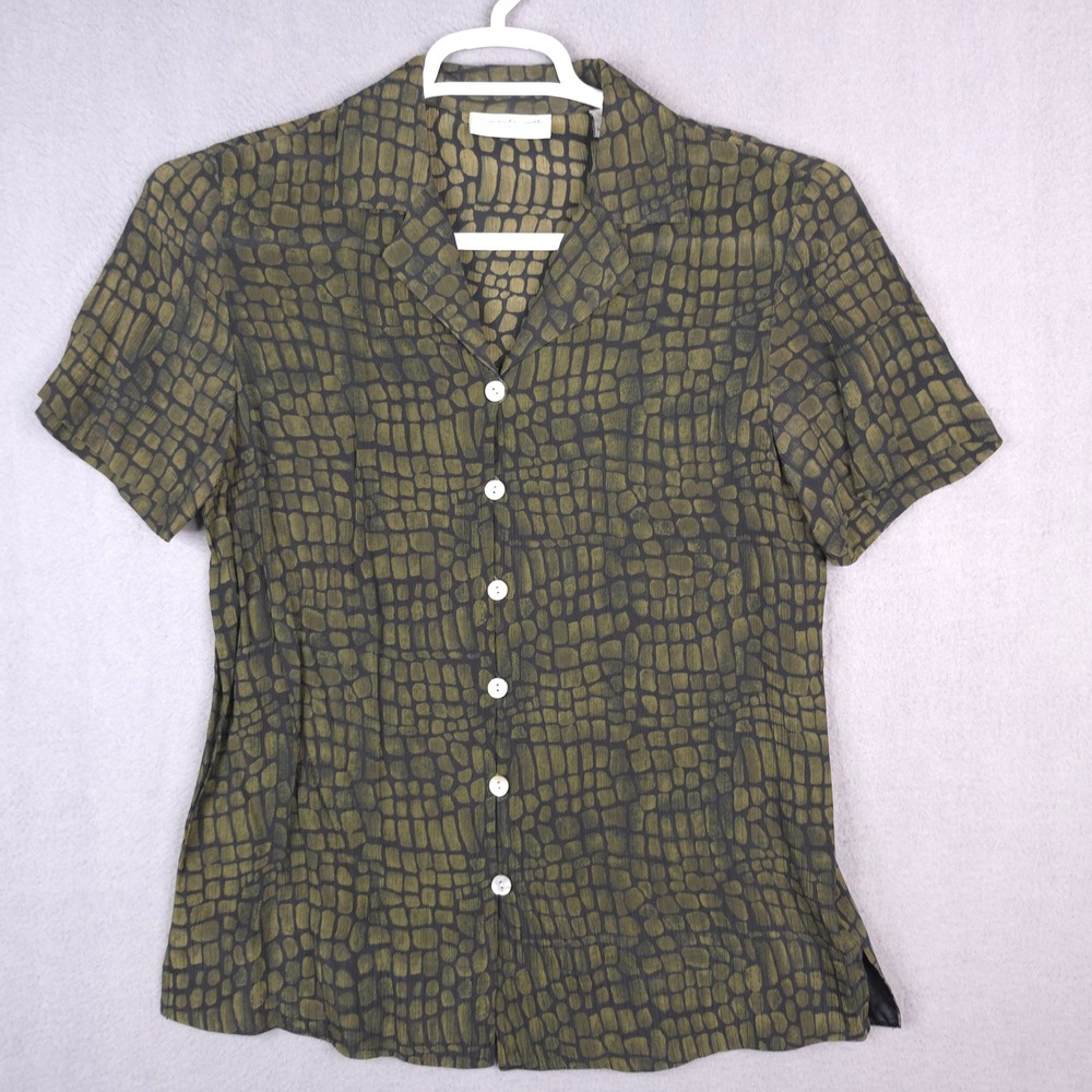 Amanda Smith Silk Blouse Short Sleeve Crocodile Print Green Small Vintage 90s